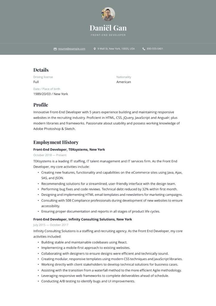modern green resume example front-end developer