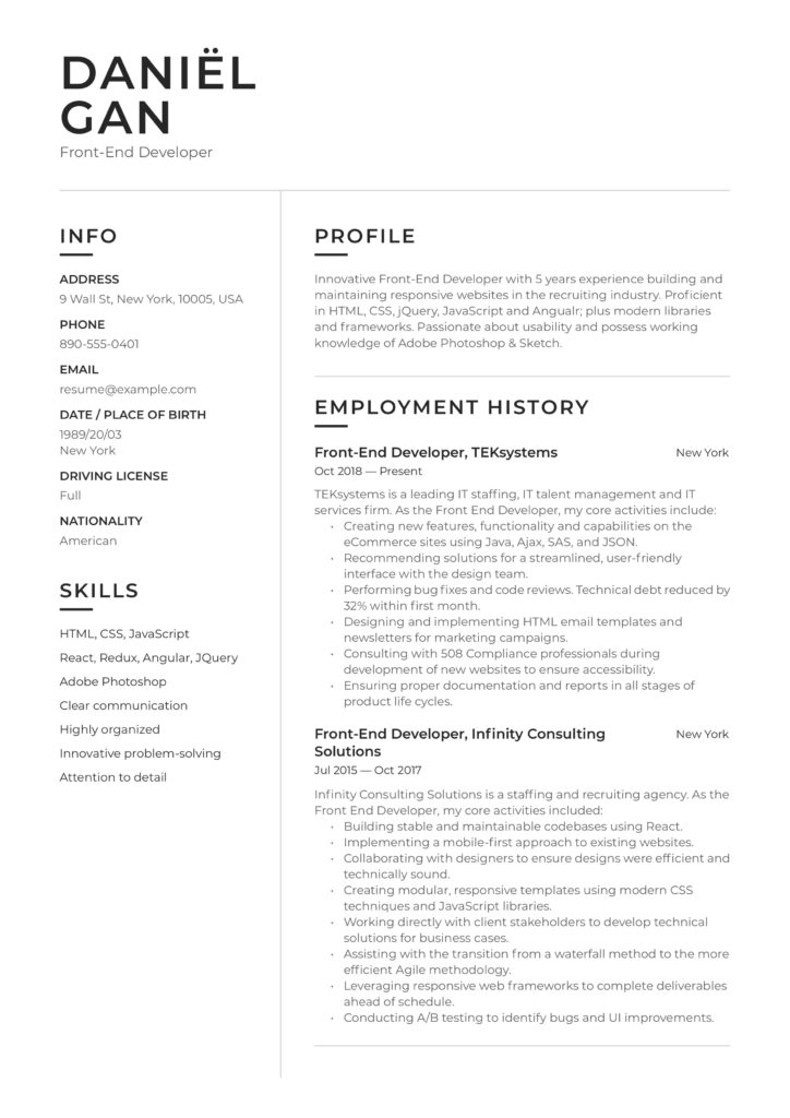 modern black and white resume example front-end developer