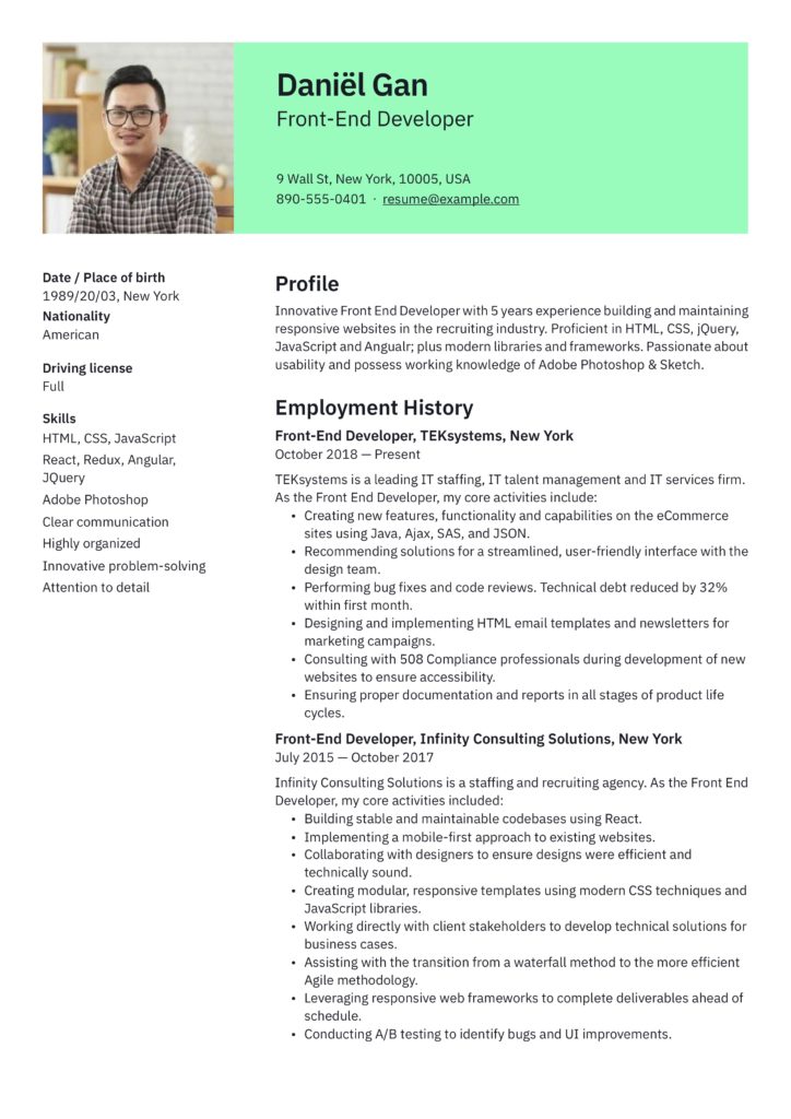 bright green resume example front-end developer