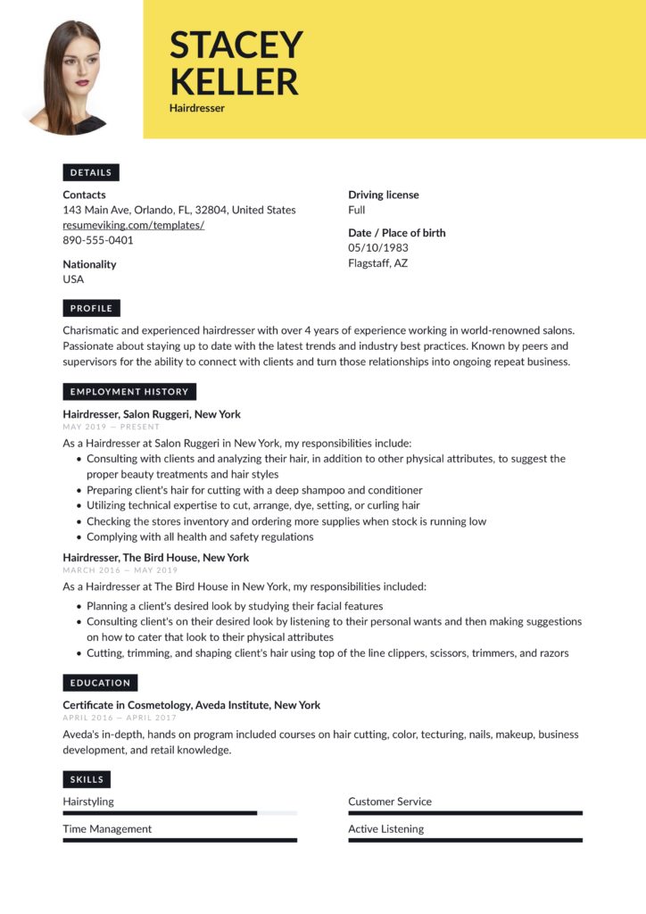 Hairdresser resume example with photo