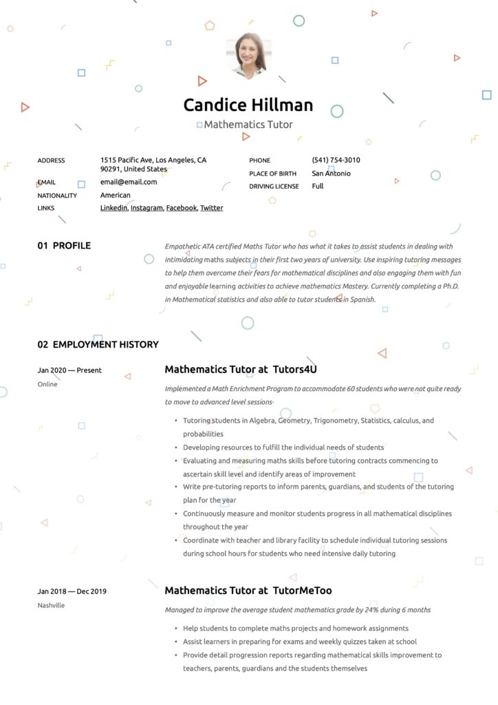 Resume Example Mathematics Tutor