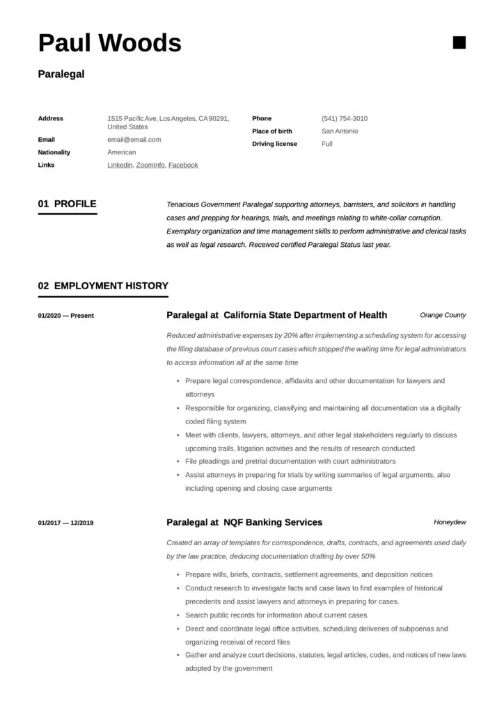 Resume Template Paralegal