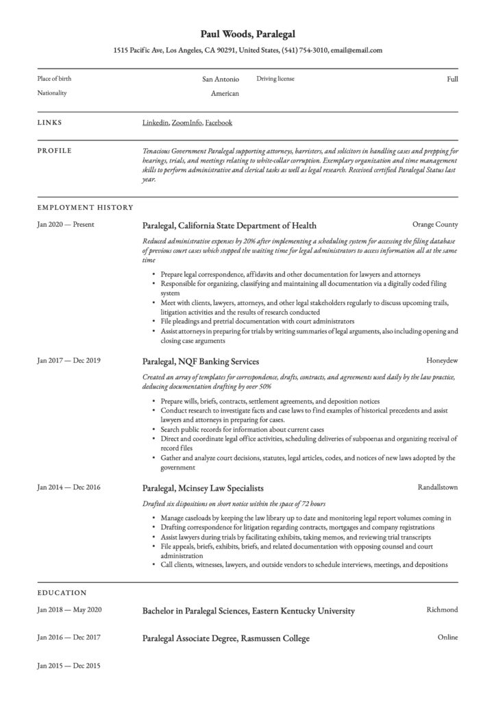 Resume Template Paralegal