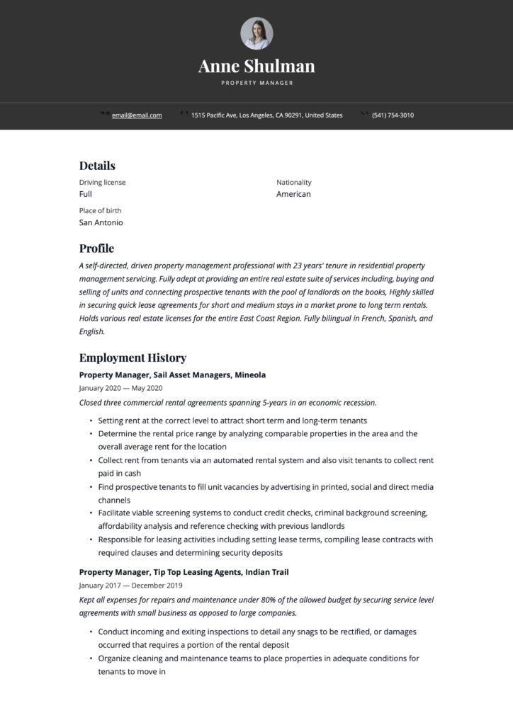 Resume Property Manager