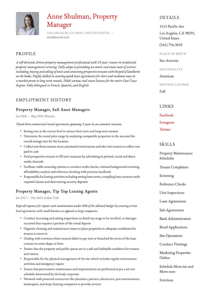 Resume Sample Property Manager