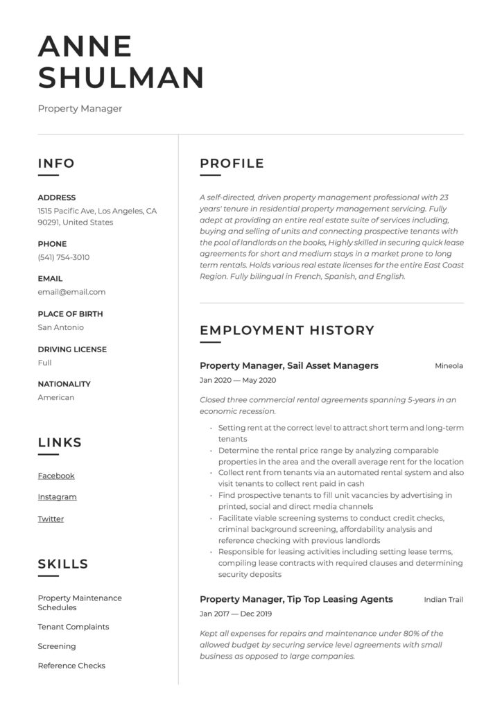 Resume Property Manager