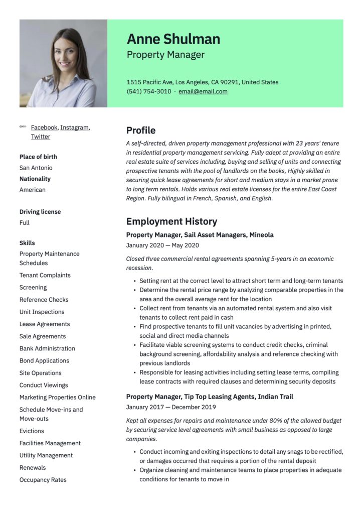 Modern Resume Example Property Manager