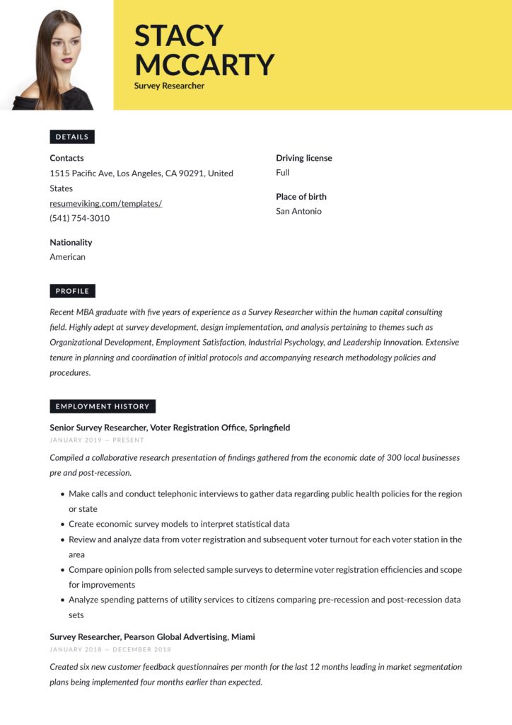 Yellow Resume Survey Researcher Example