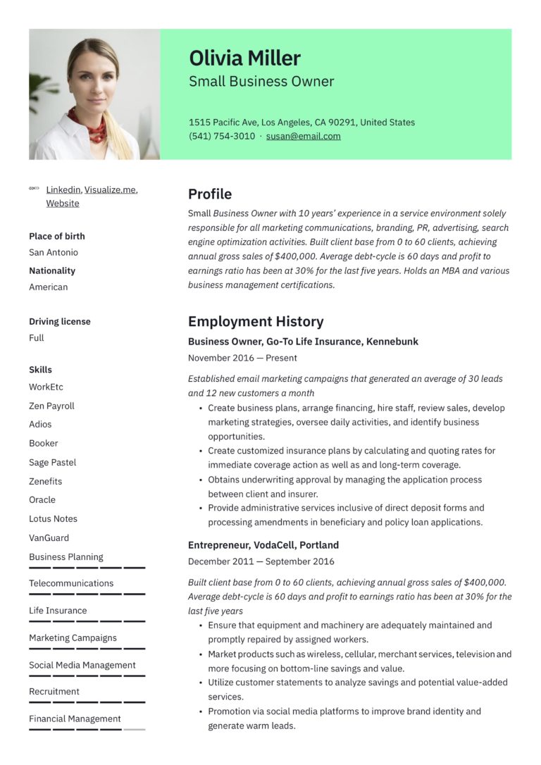 green modern small business owner resume example