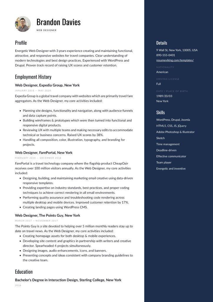 blue resume example web designer