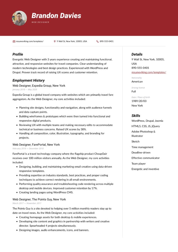 customizable resume example web designer