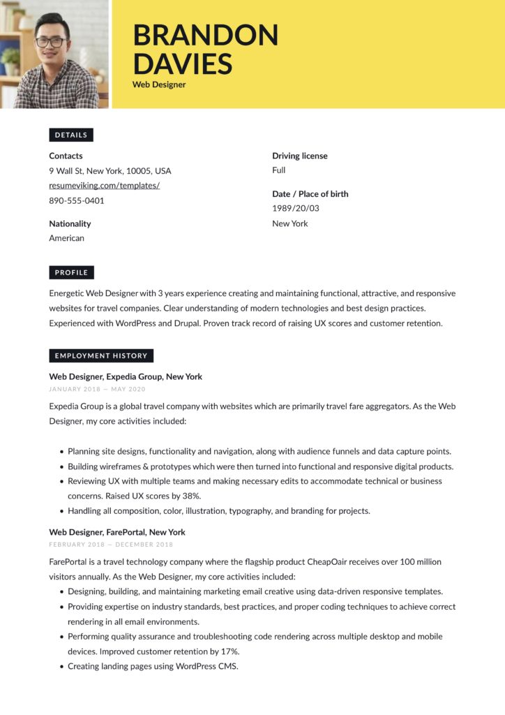 resume tool resume example for web designer yellow color