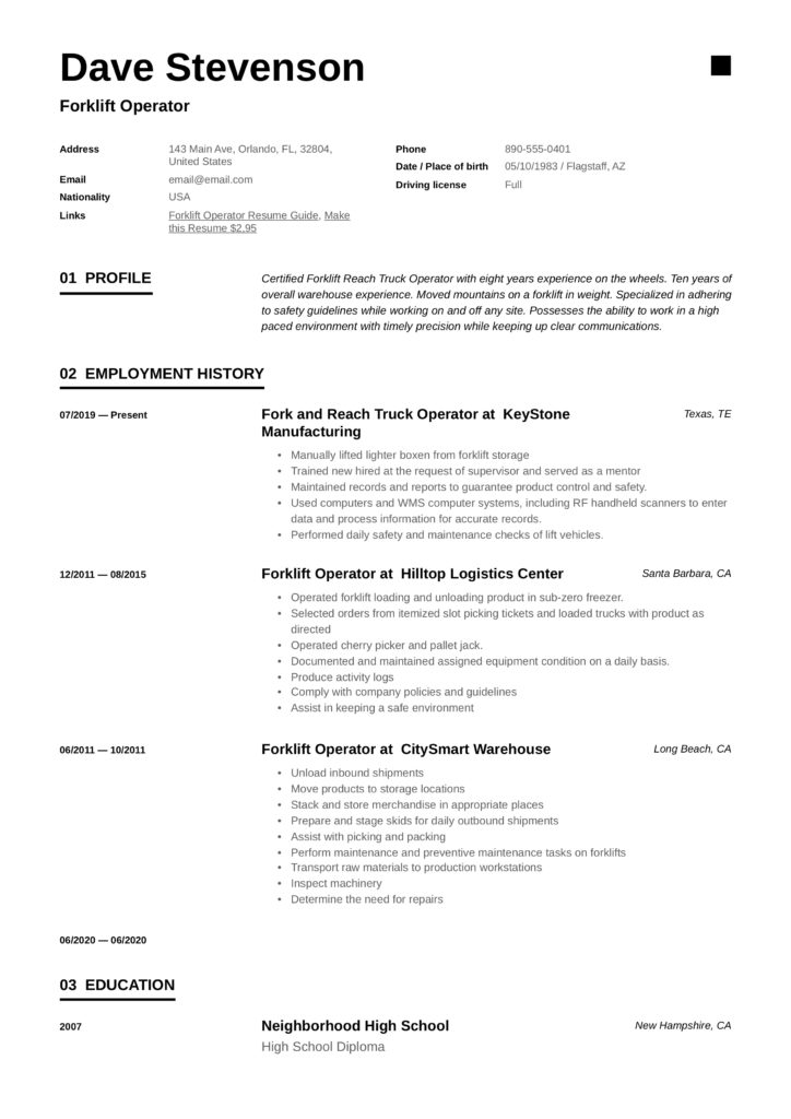 Modern Forklift Operator CV pdf