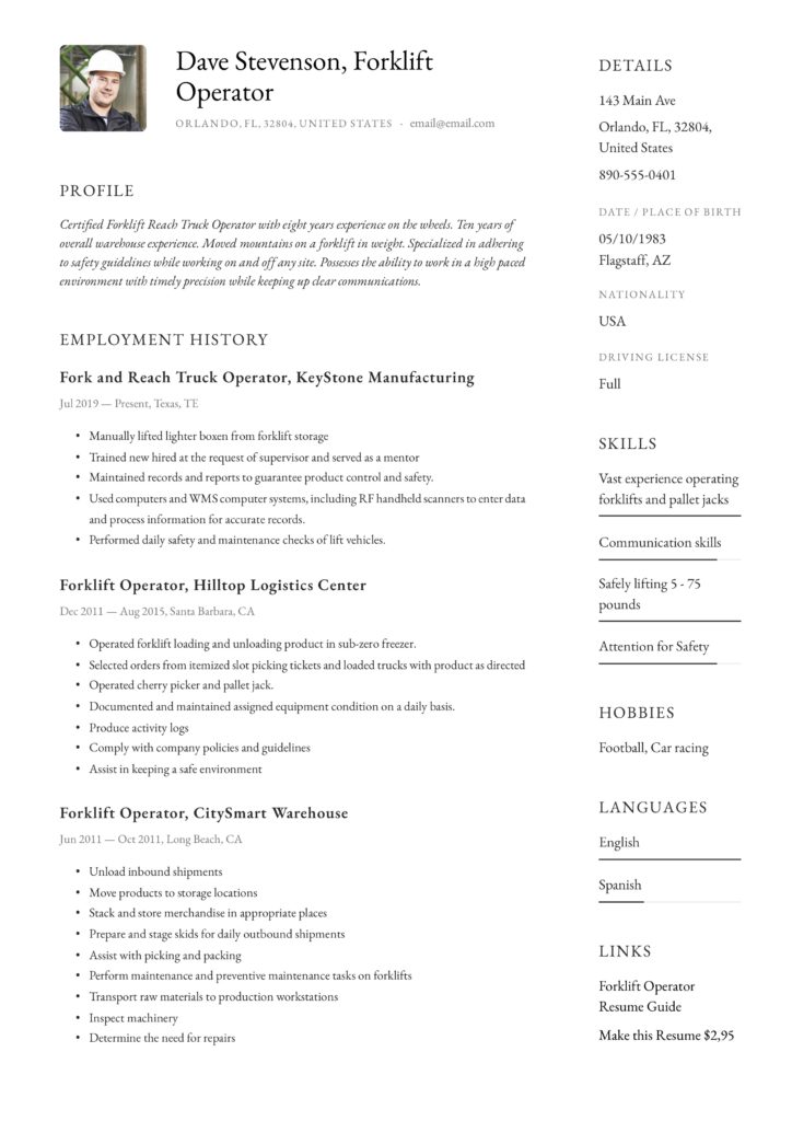 Forklift Operator Resume pdf