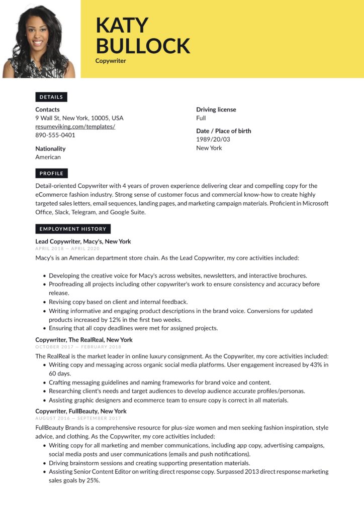 copywriter resume sample