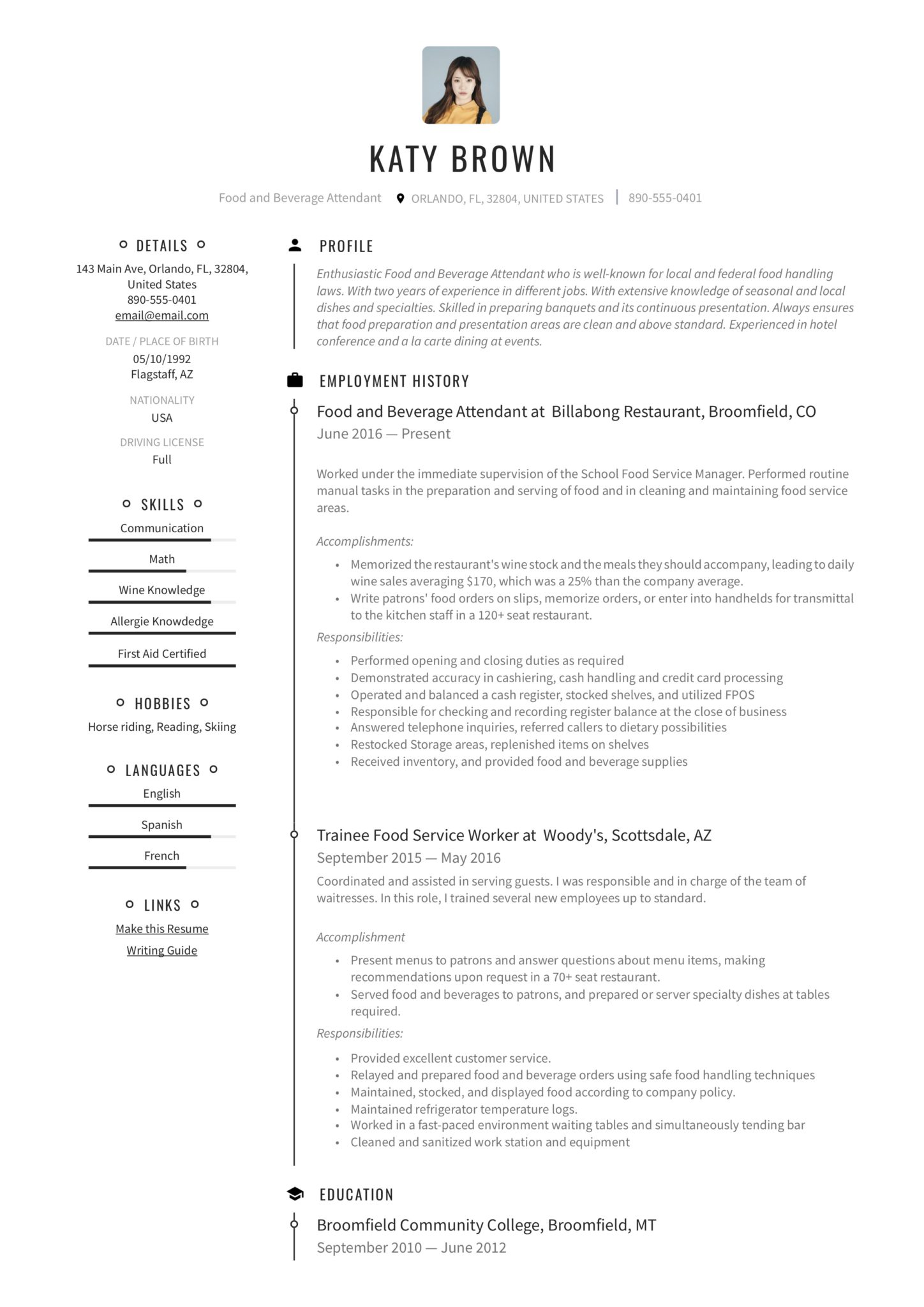 creative resume food and beverage attendant