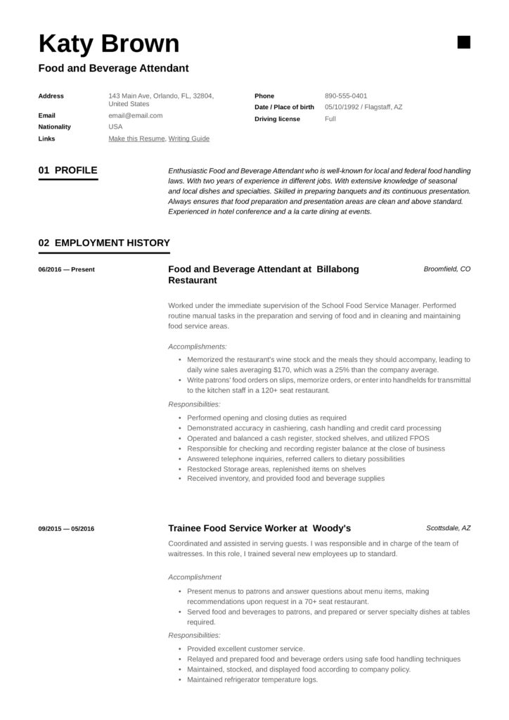 modern black and white resume example F&B attendant