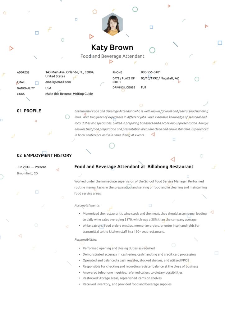 creative resume example hospitality food and beverage attendant