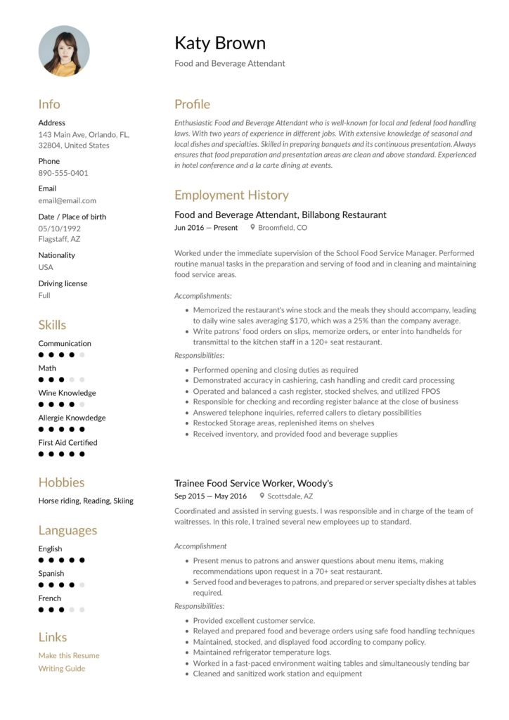modern gold colored food and beverage attendant resume
