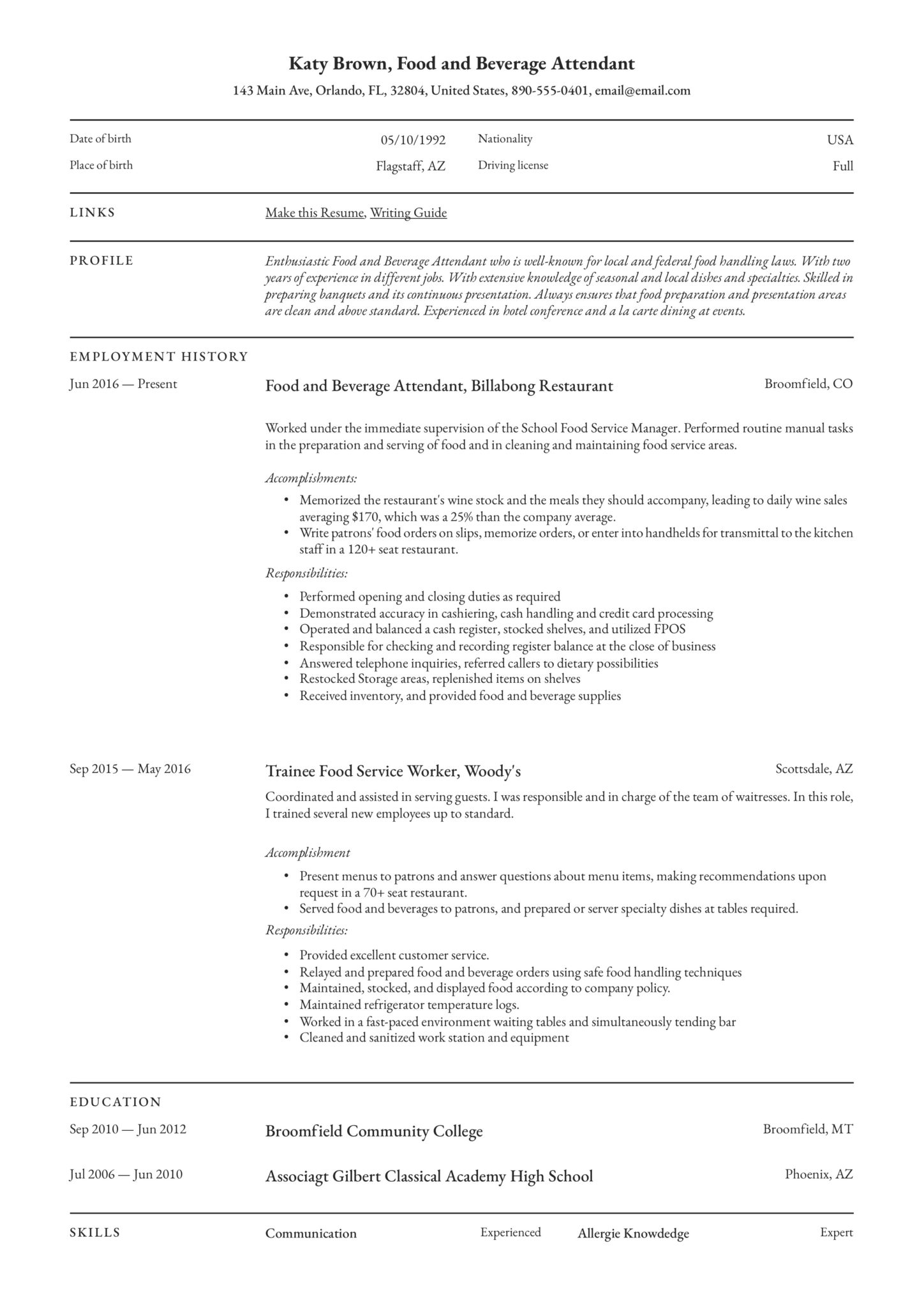 professional food and beverage attendant resume