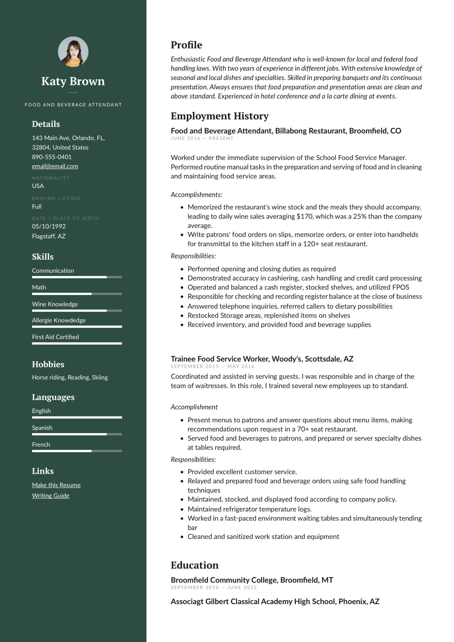 Green example resume food and beverage attendant