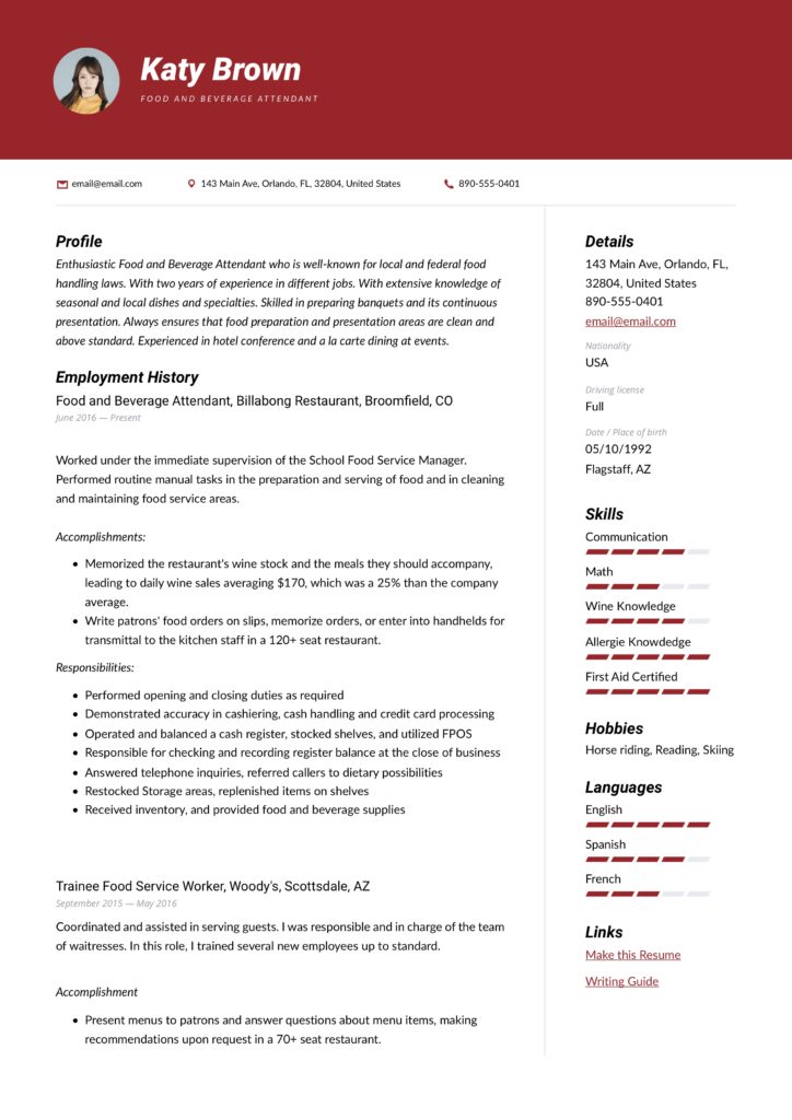 red modern resume example food and beverage attendant