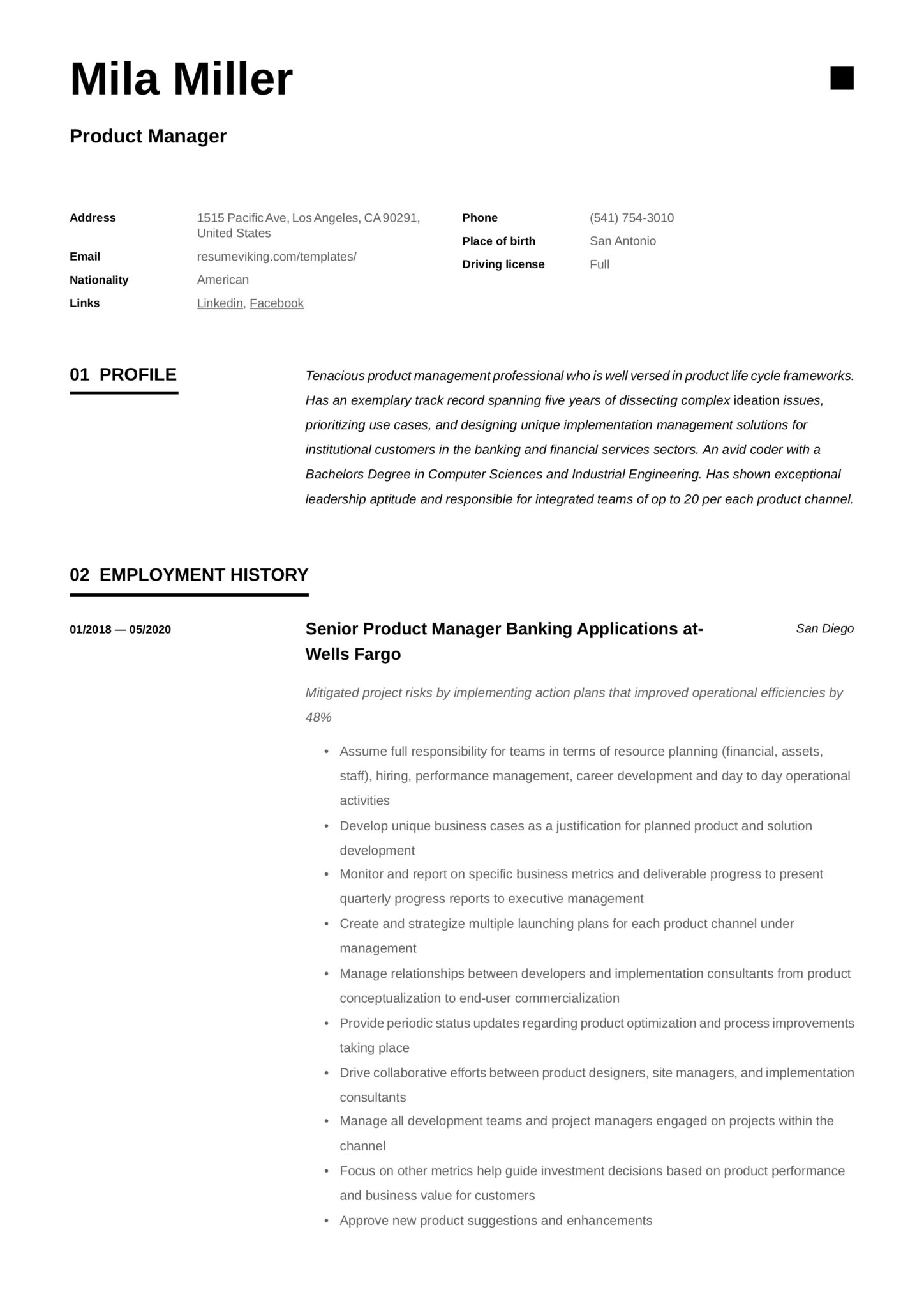 modern black and white resume example product manager