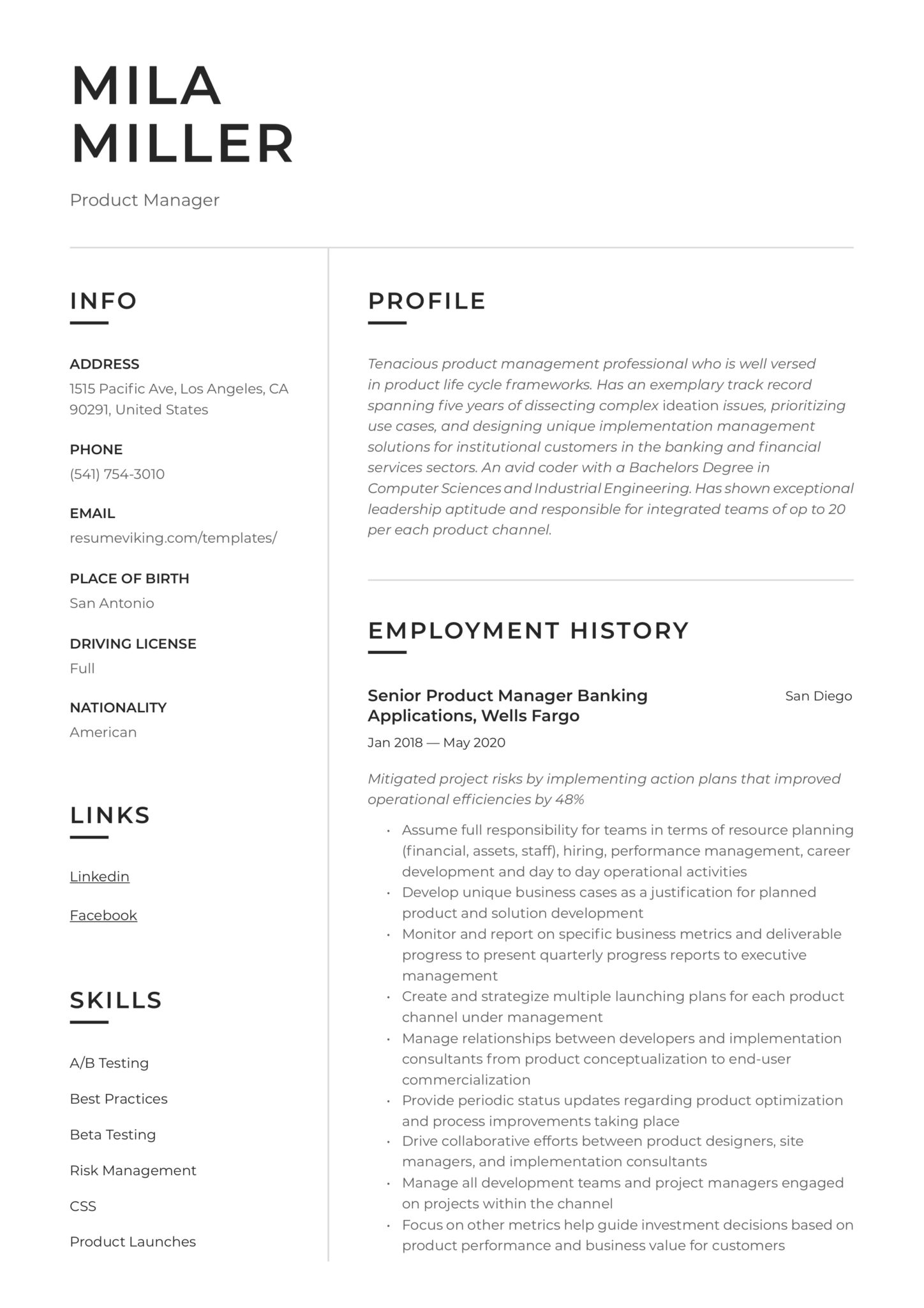 modern resume tool product manager example