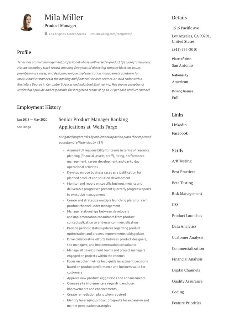 Product manager application development resume