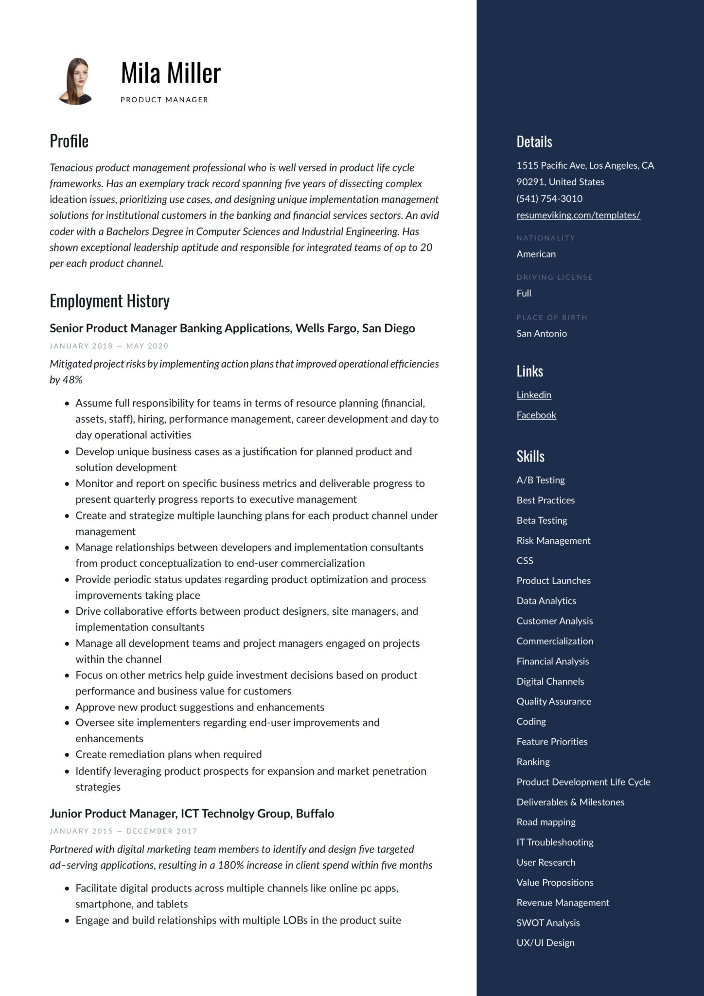 blue simple design resume example product manager