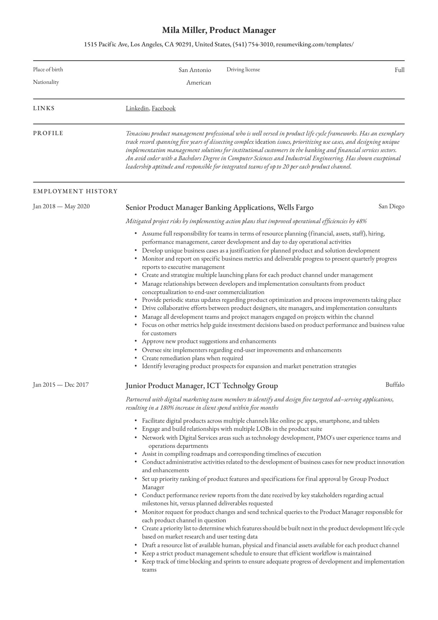 professional resume example senior product manager