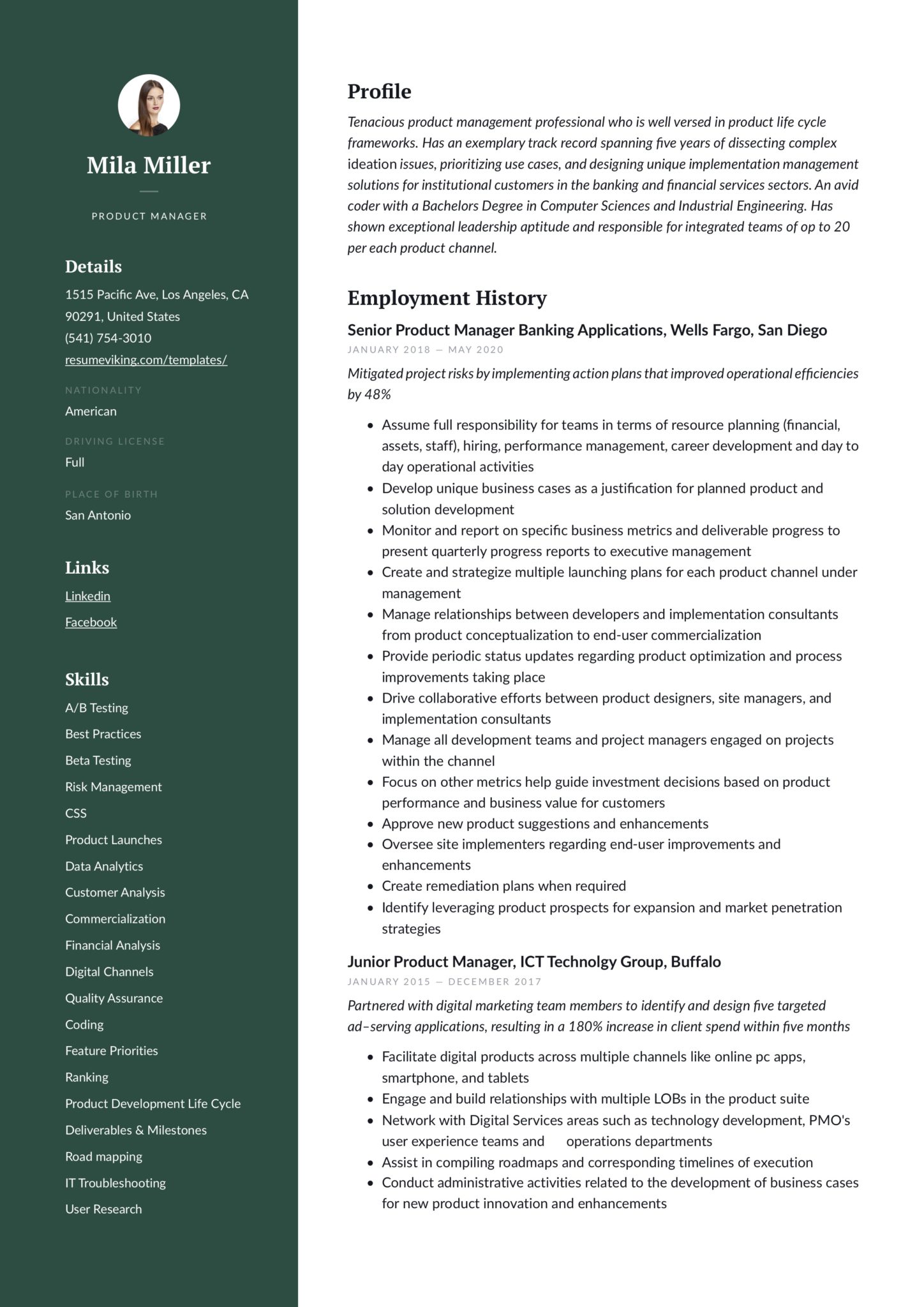 modern green junion and senior product manager resume sample IT