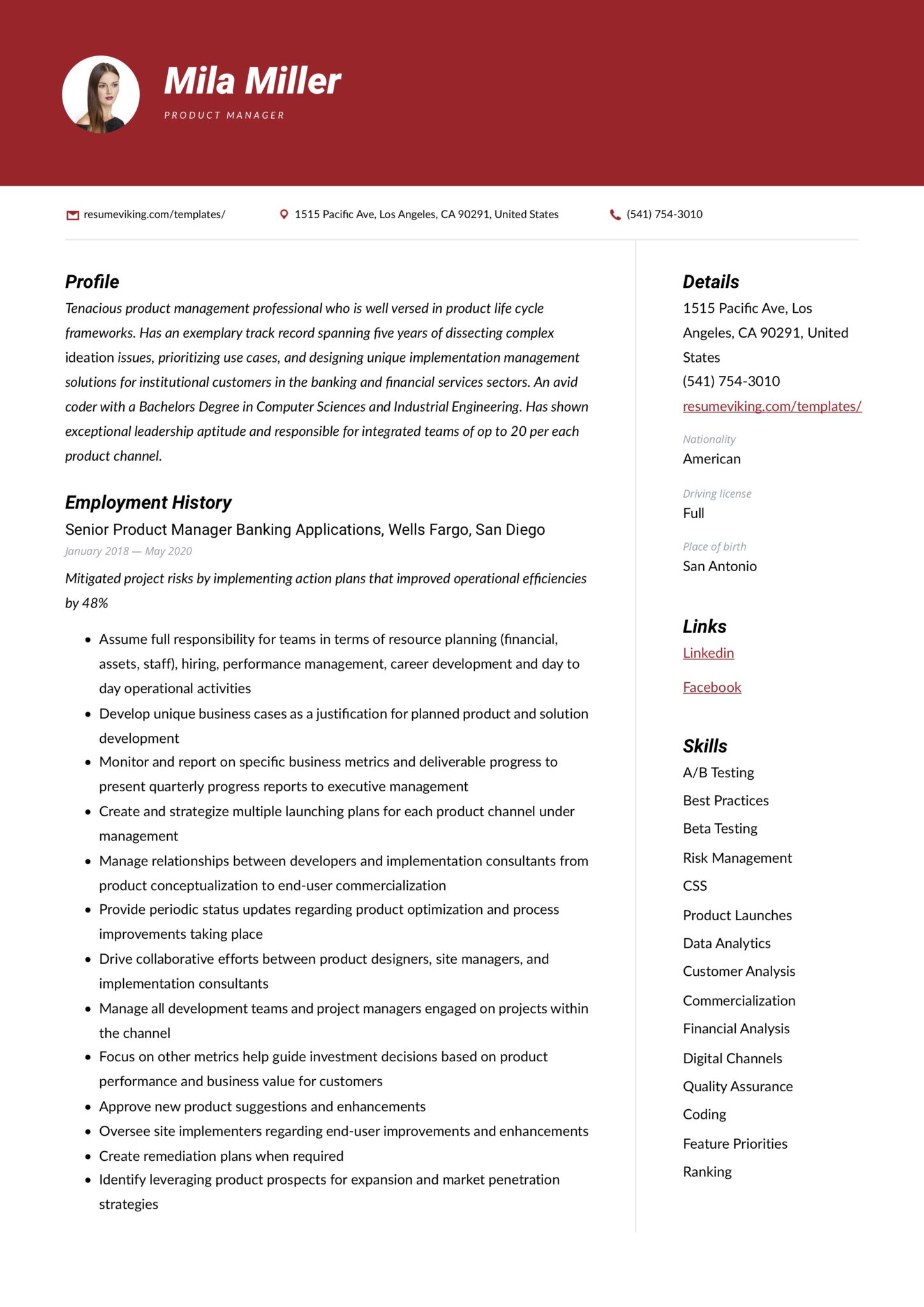 red resume junior product manager
