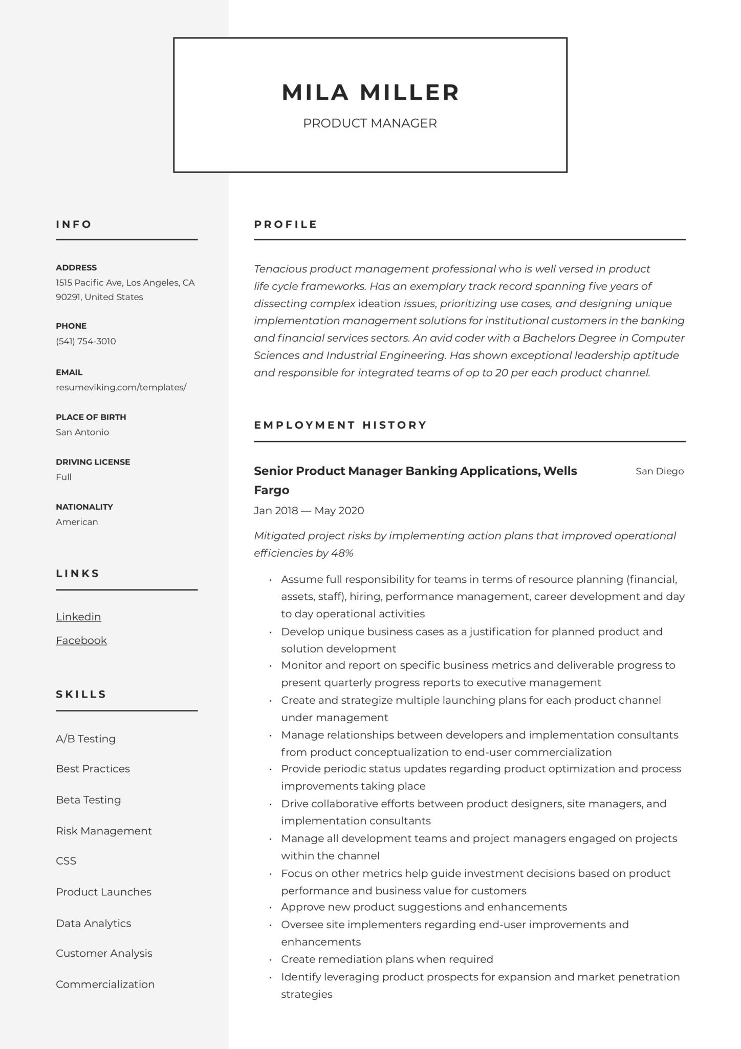 modern simple design resume product manager