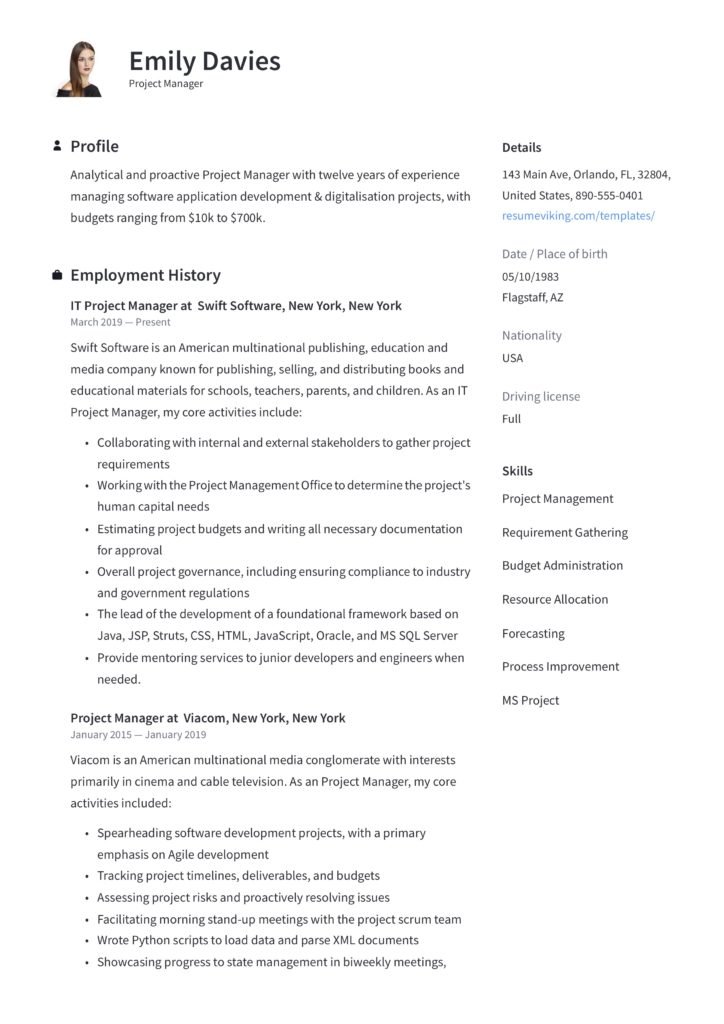 modern project manager resume