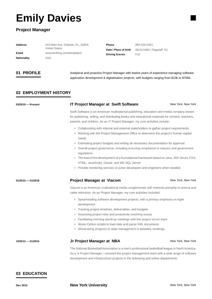modern sample project manager resume
