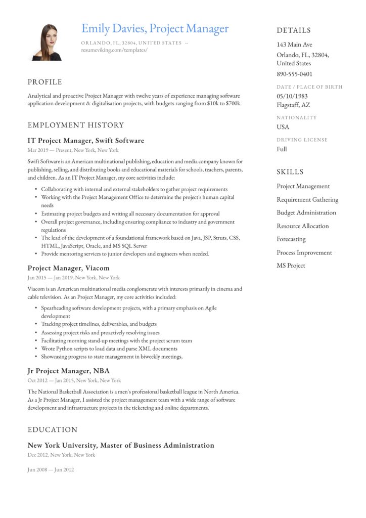 modern classic sample resume project manager