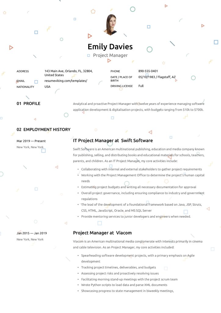 creative resume sample project manager with photo