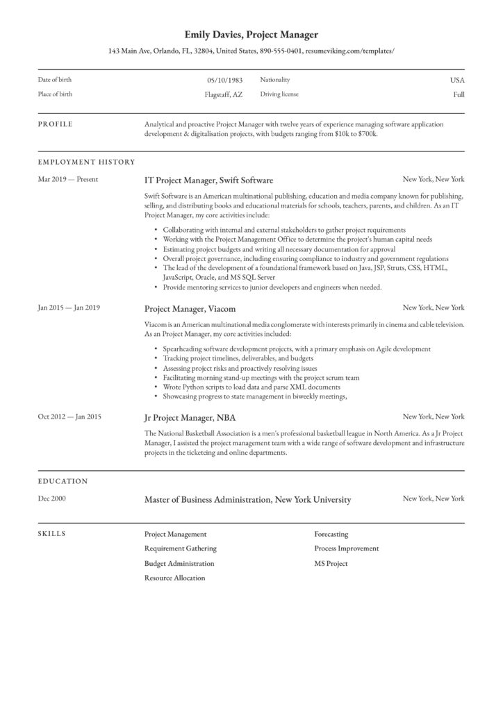 classic professionel project manager resume