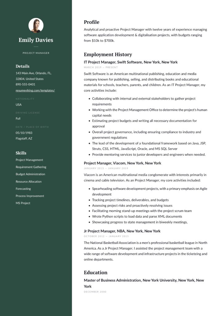 green modern project manager resume
