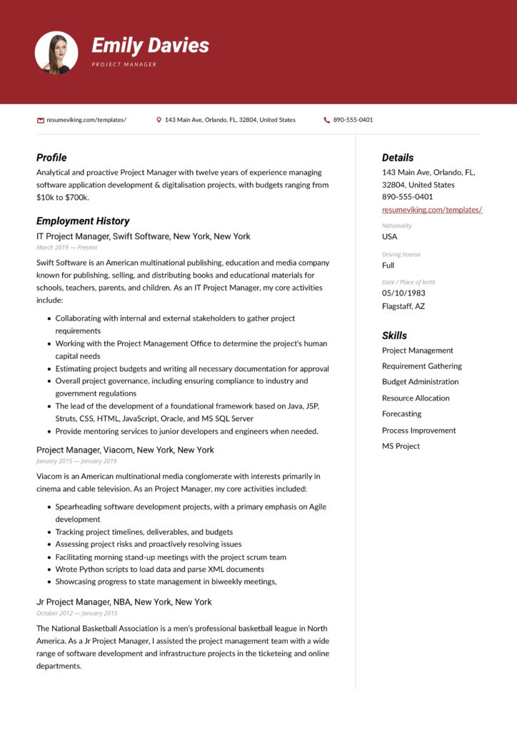 red sample resume project manager