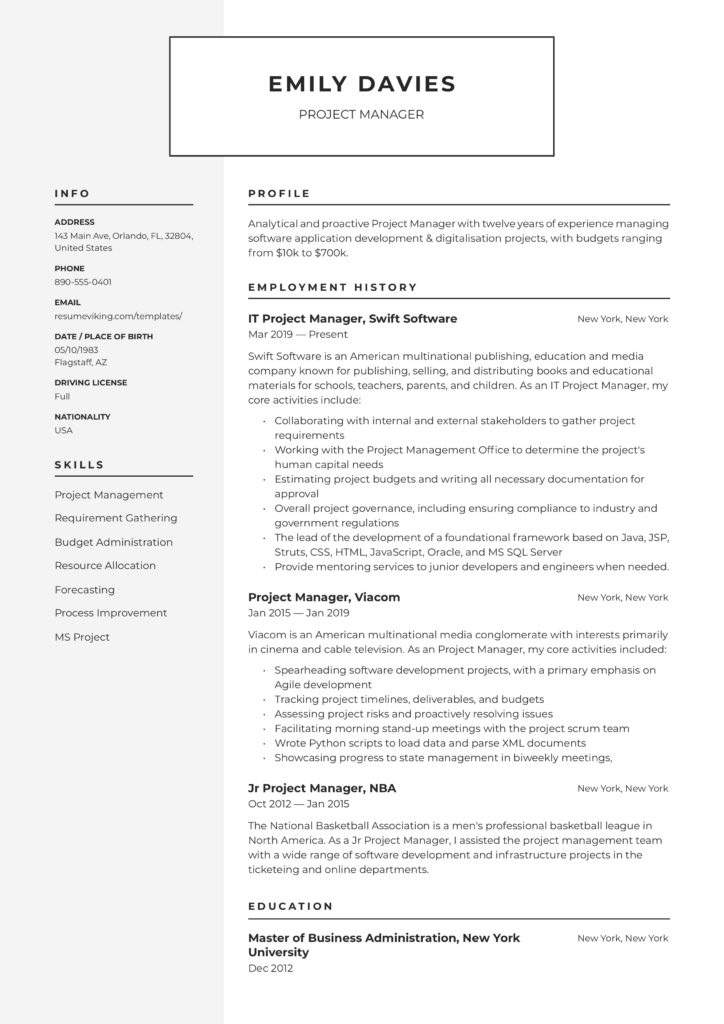 modern sample resume project manager