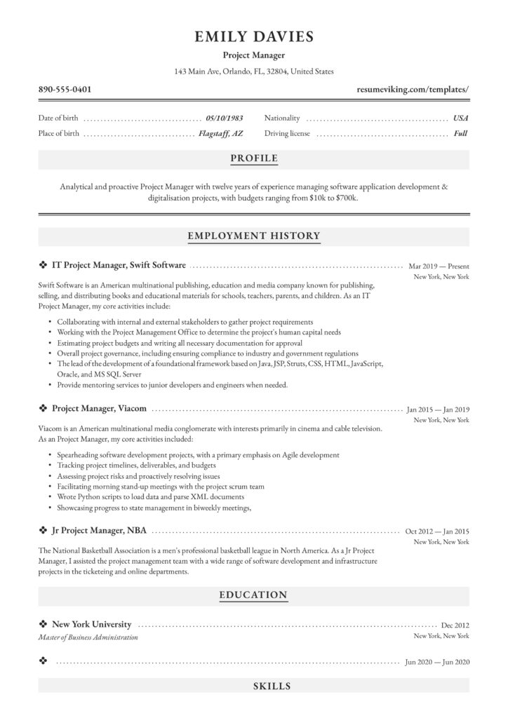 classic resume project manager