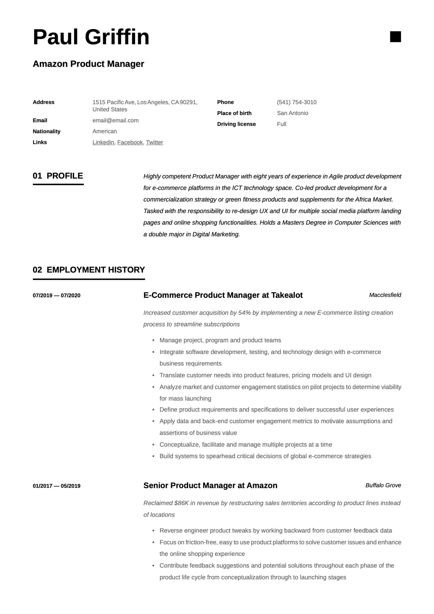 Simple Resume Template Amazon Product Manager