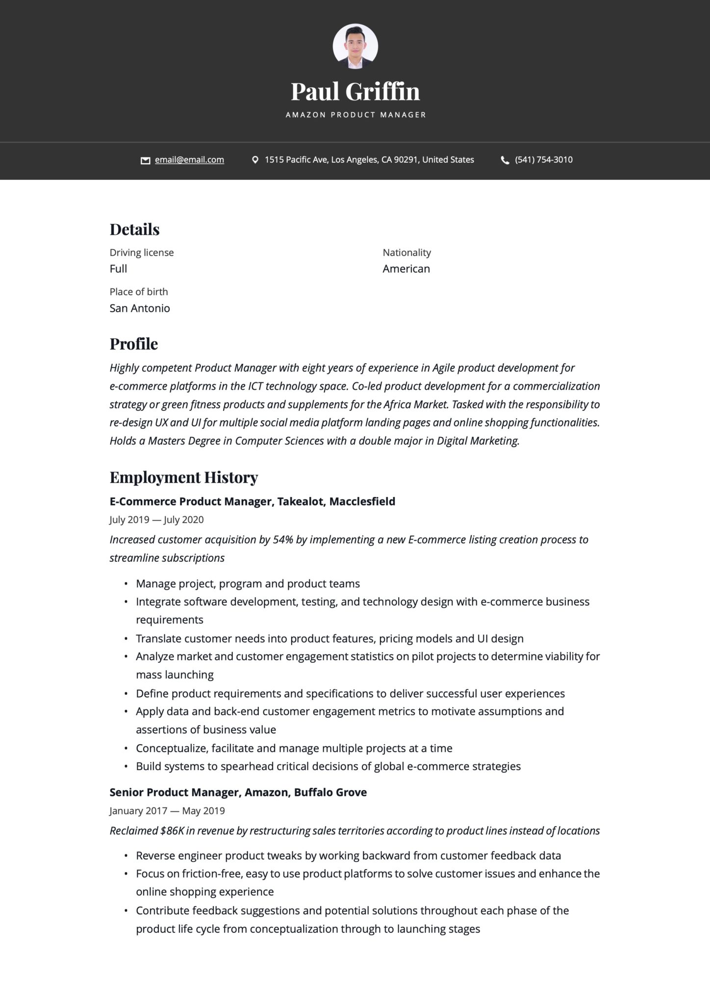 Simple Black Resume Example Amazon Product Manager