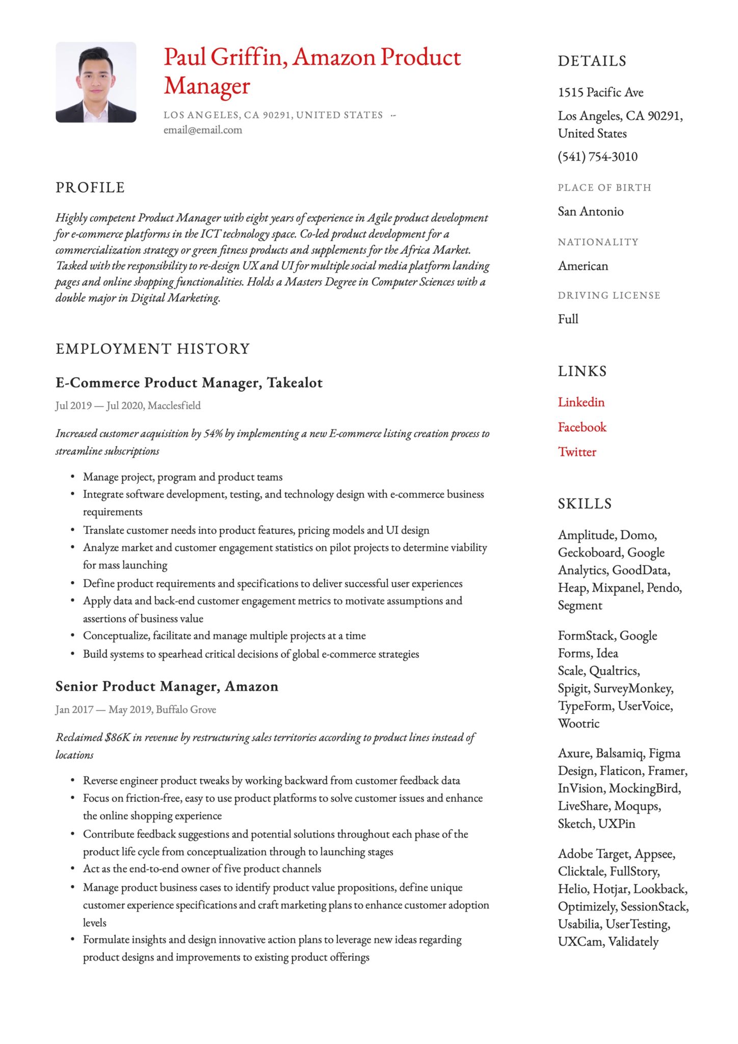 Simple Red Resume Template Amazon Product Manager