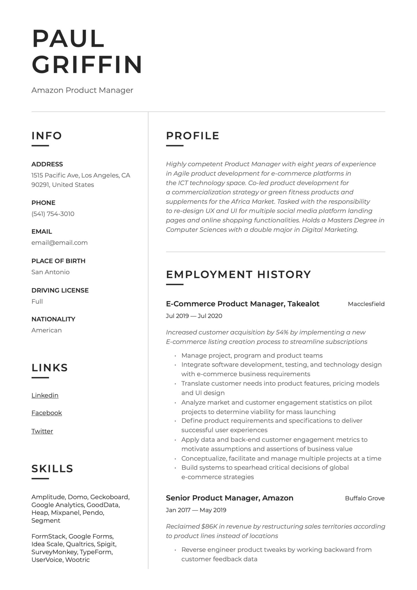 Modern Simple Resume Example Amazon Product Manager
