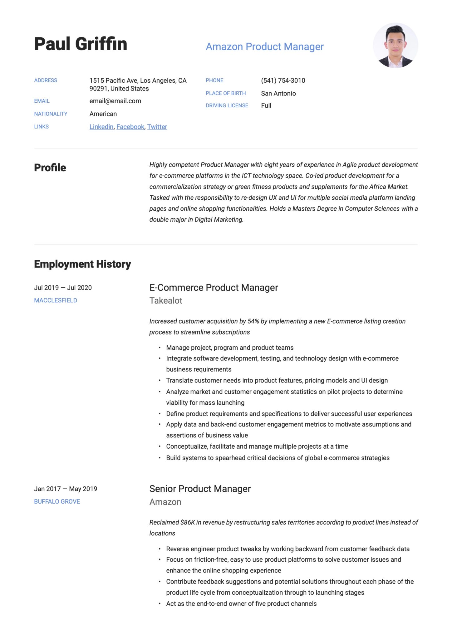 Simple Blue Resume Example Amazon Product Manager
