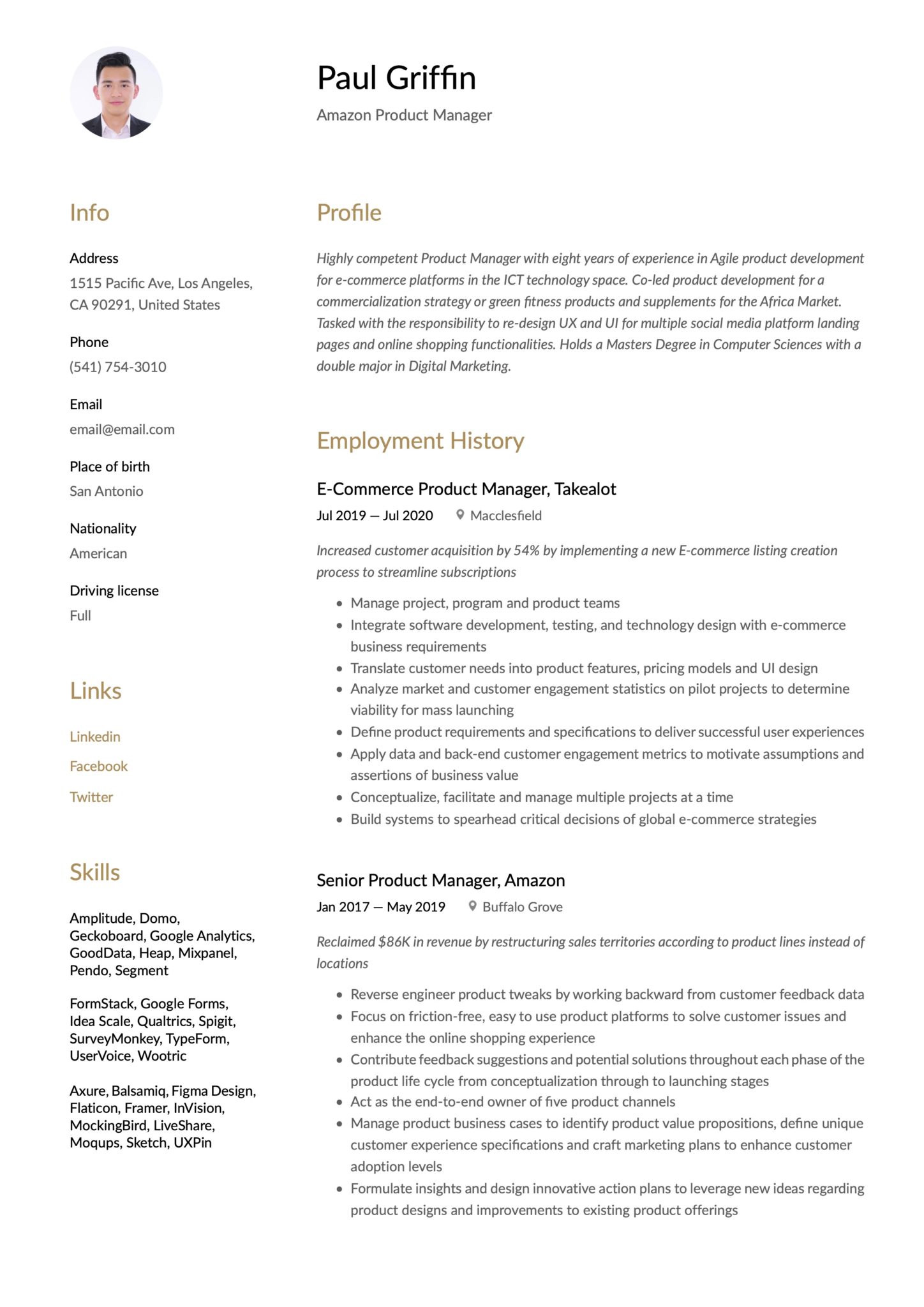 Simple Brown Resume Template Amazon Product Manager