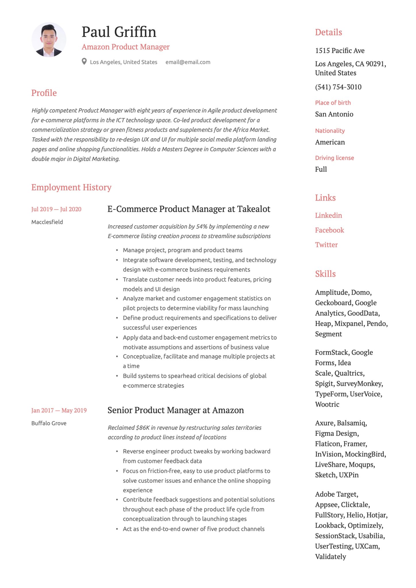 Simple Red Resume Example Amazon Product Manager